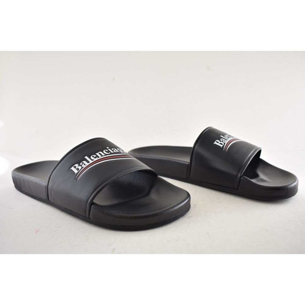 Balenciaga Black Leather Campaign Logo Slide Pool Sandal Flip Flop Flat 44 11 - Picture 4 of 15